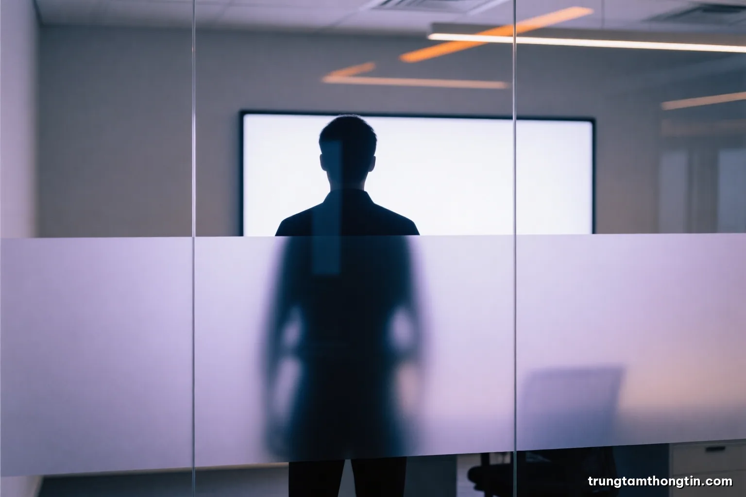 Silhouette of a person standing behind a frosted glass partition in a minimalist office, figure blurred and unrecognizable, soft diffused backlight, pale lavender and grey palette