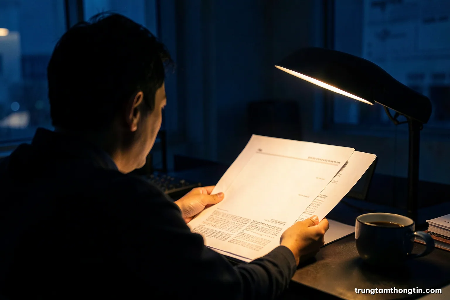 Over-the-shoulder view in a dim newsroom at night of a Vietnamese journalist studying printouts that are blank, desk lamp glow, coffee cup, warm tungsten and deep navy palette