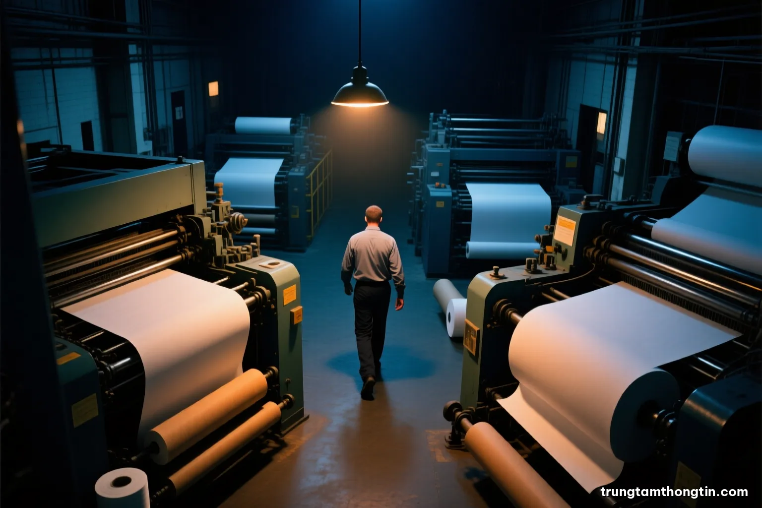 High angle view of a printing press hall at night with rolls of blank paper and idle machinery under a single warm overhead lamp, lone worker walking away, deep shadows