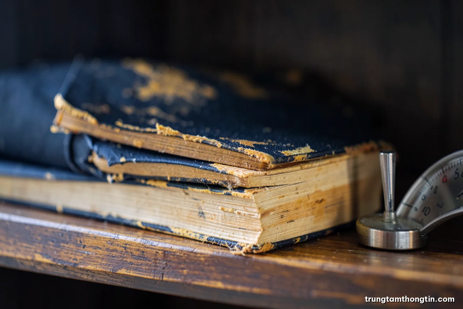 Macro view of the yellowed, slightly foxed edges of old closed books stacked on a wooden shelf, a small hygrometer beside them, soft diffused light, ochre palette