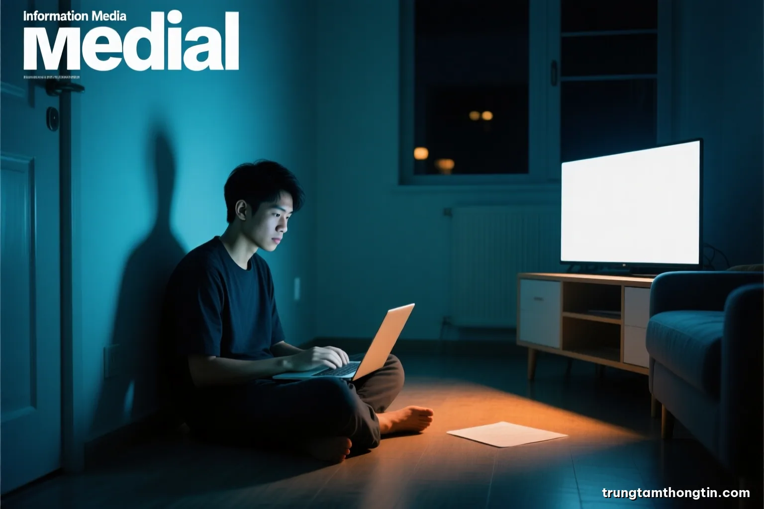 Wide shot of a young Vietnamese man sitting on the floor of a sparse apartment with a laptop on his knees at night, face in shadow, cold teal light