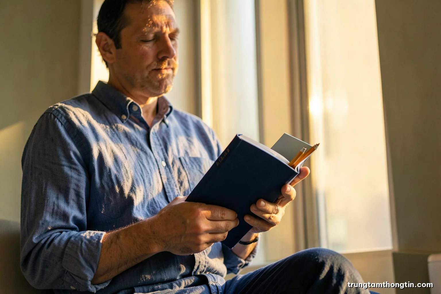 Low angle view of a reader in a linen shirt holding a closed hardback with a pencil tucked inside, sitting by a tall window, golden afternoon light, olive and cream palette