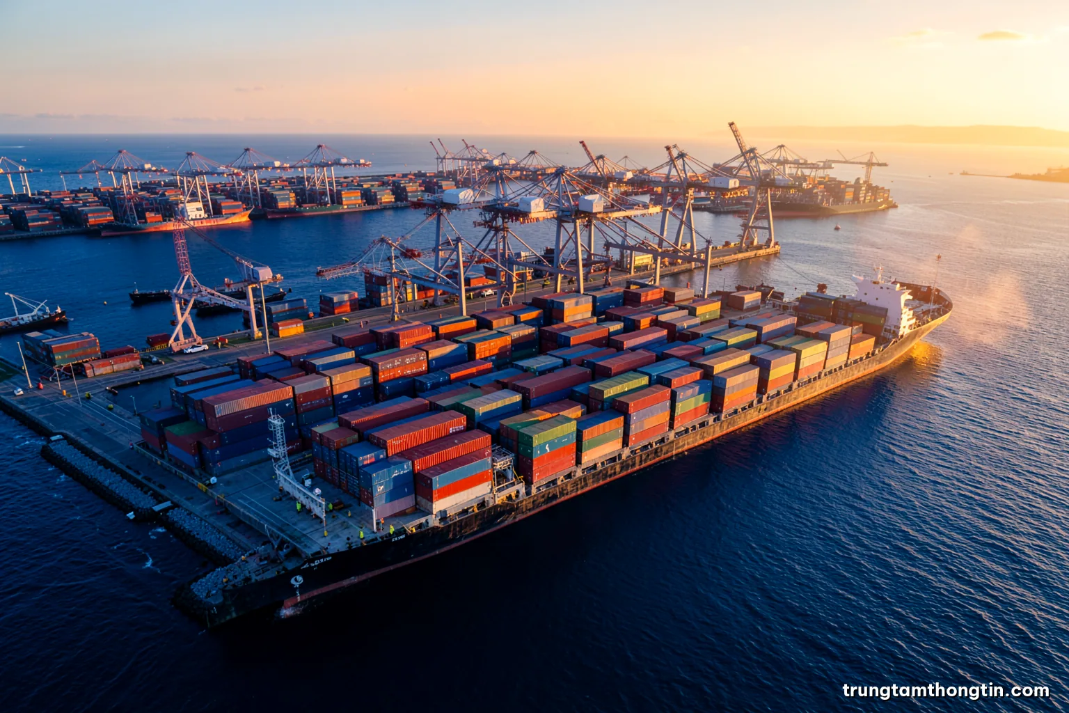 Aerial wide view of a busy container port at golden hour, rows of colorful shipping containers, cranes and a cargo ship, warm orange light against deep blue water