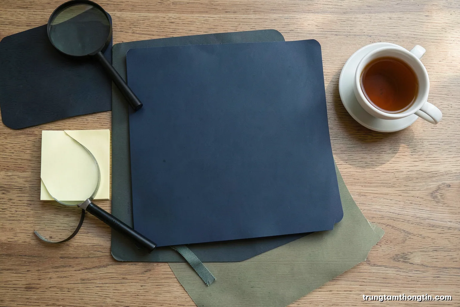 Top-down view of a tidy wooden desk with a closed laptop, magnifying glass, sticky notes left blank, and a cup of tea, soft morning daylight, muted green and cream palette