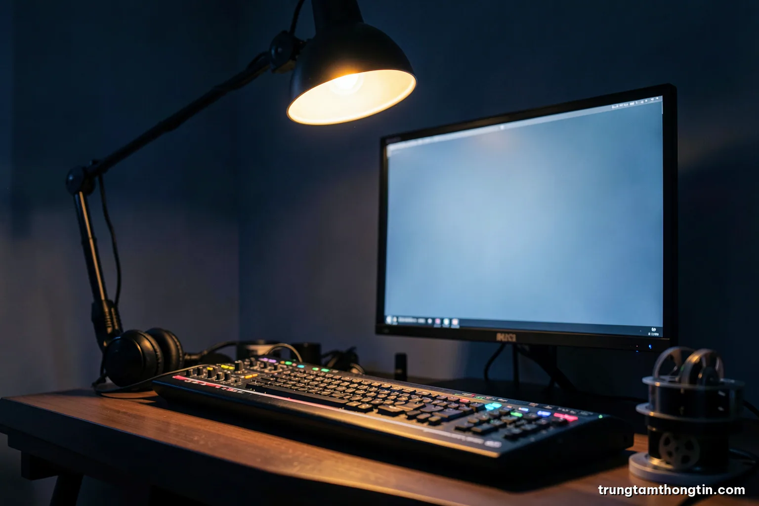 Low angle view of a video editing desk in a dim room, a timeline controller and headphones under a single warm lamp, blank monitor glowing softly, film reels nearby