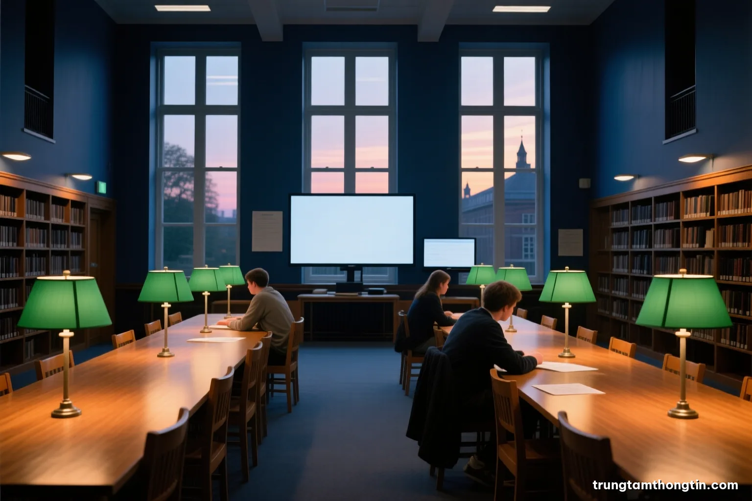 Wide shot of a quiet university reading hall with long oak tables, green shaded lamps glowing, a few students seen from behind, soft dusk light through tall windows