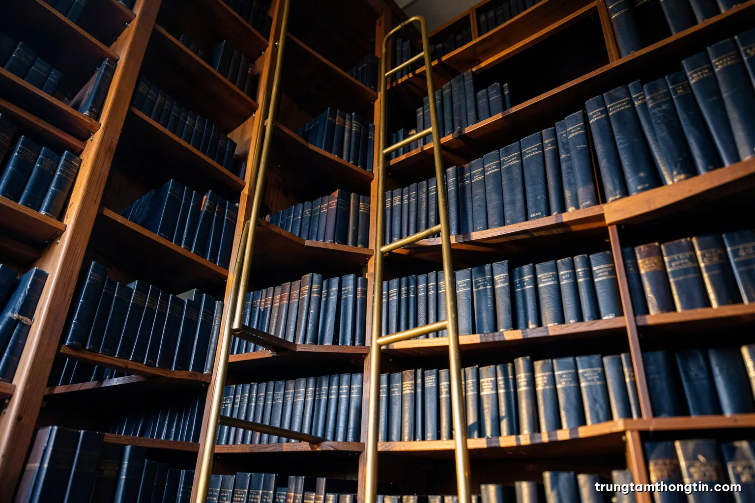 Low angle view of tall wooden library shelves filled with uniform dark leather-bound volumes without visible titles, a brass ladder, warm golden afternoon light