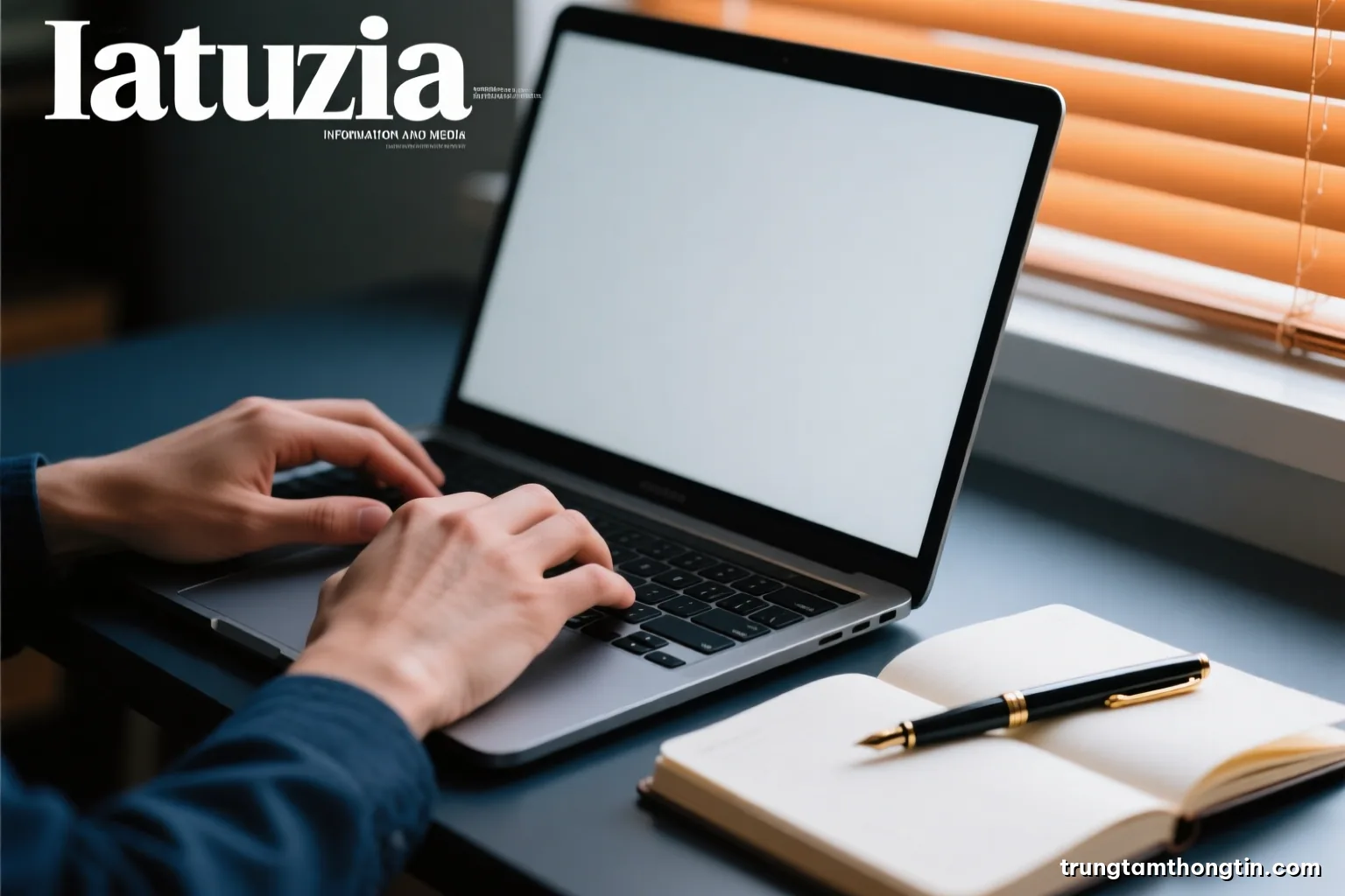 Close-up of hands typing on a laptop keyboard beside a notebook with a fountain pen, blank pages, warm side light through window blinds, amber and charcoal tones
