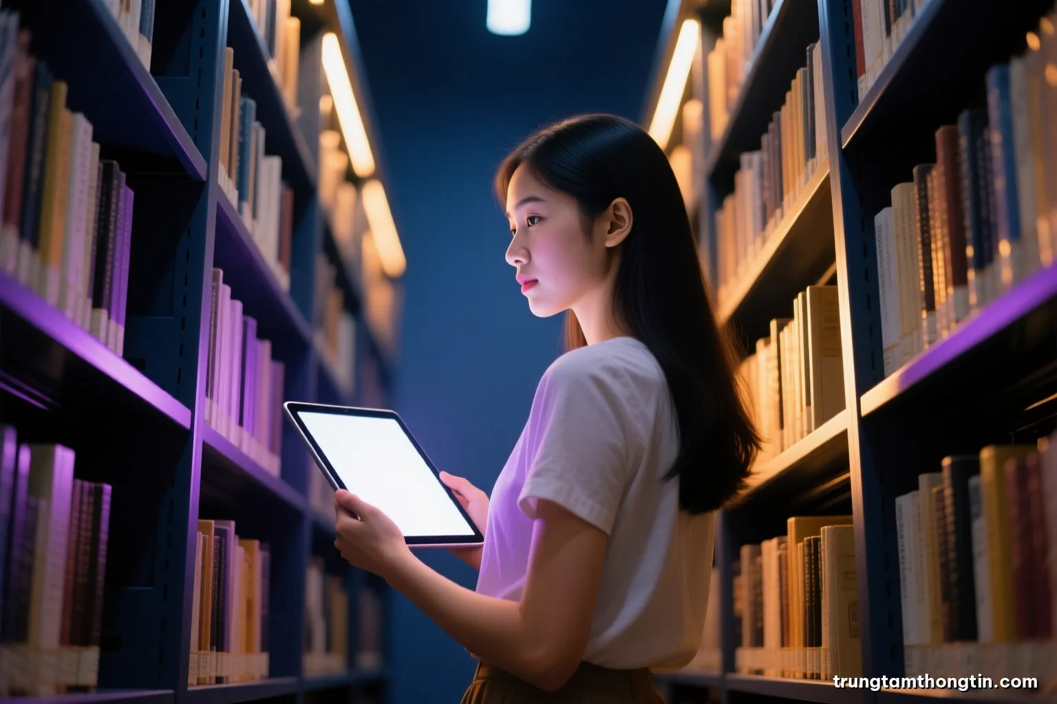 Low angle view of a young Vietnamese woman, face turned away, standing between tall bookshelves holding a tablet with a blank glowing display, soft violet and warm gold light