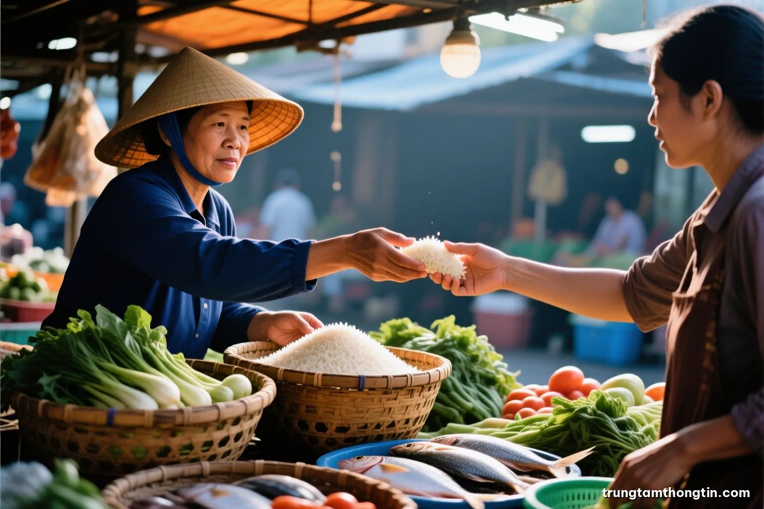 Close-up of a Vietnamese wet market stall with baskets of vegetables, rice and fish under morning sunlight, hands of a vendor and a shopper exchanging produce, faces out of frame