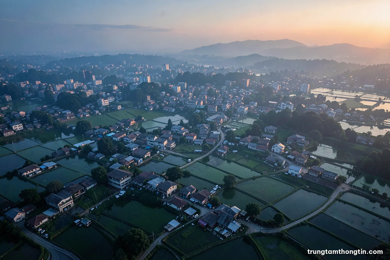Wide aerial view at dawn contrasting a dense city district with scattered small villages and rice paddies, soft haze, layered green and grey tones, drone perspective