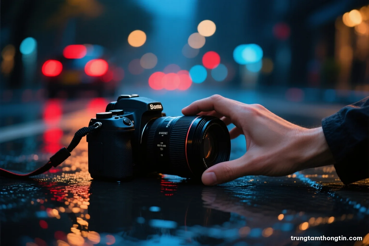 Macro shot of a press photographer hand resting on a camera lens on a wet street at night, reflections of distant red and blue lights blurred into bokeh, contemplative mood