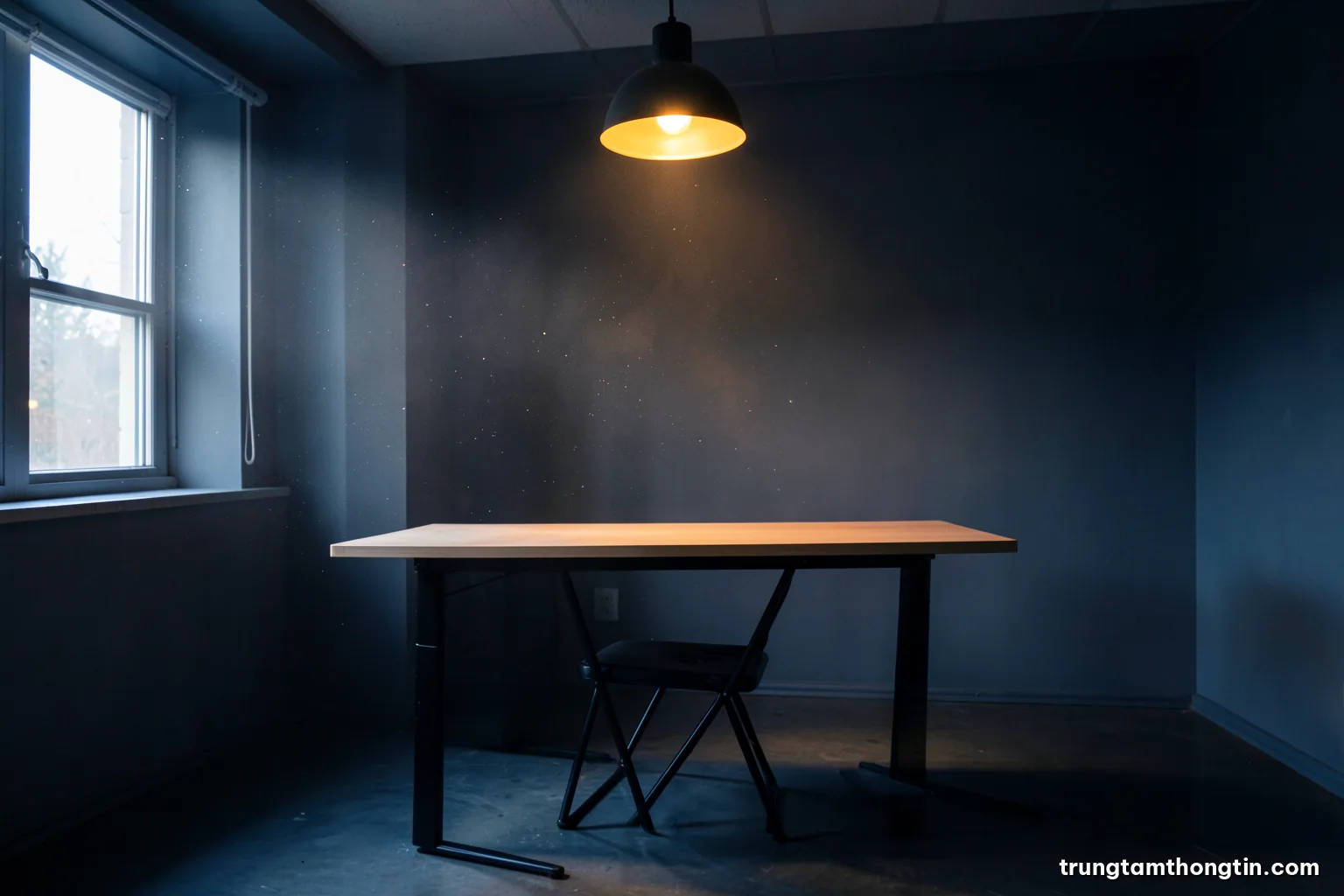 Dim empty office room with a single bare desk and folding chair under a flickering ceiling lamp, dust visible in a shaft of light from a window, muted grey and ochre palette