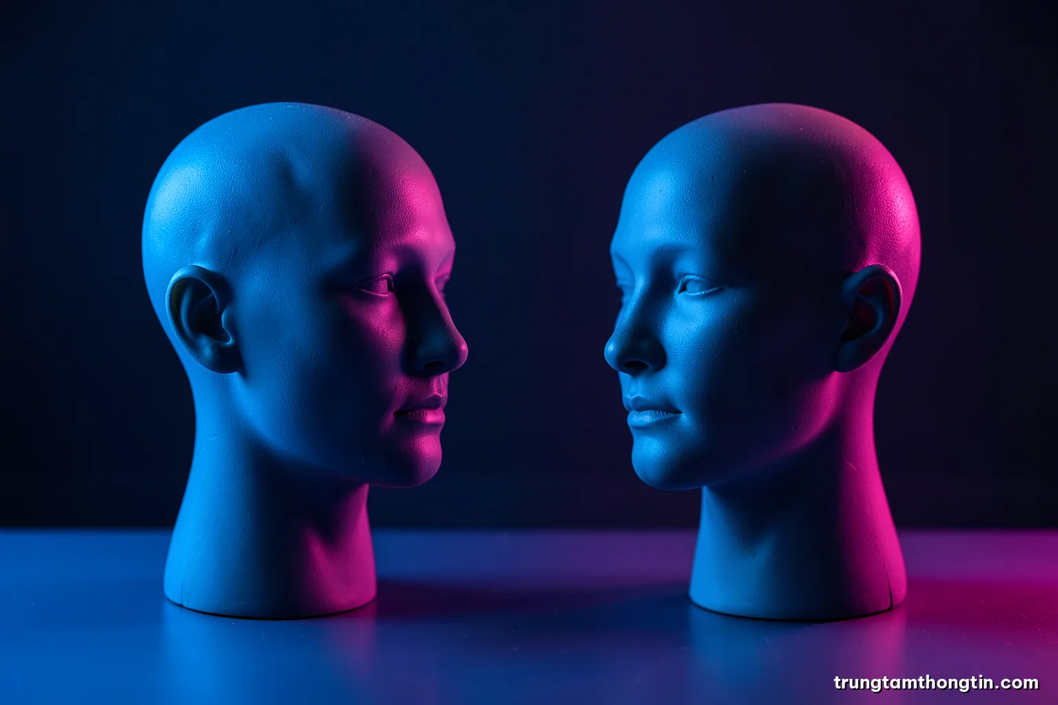 Two identical mannequin heads facing each other on a studio table under split blue and magenta light, shallow depth of field, clean dark background