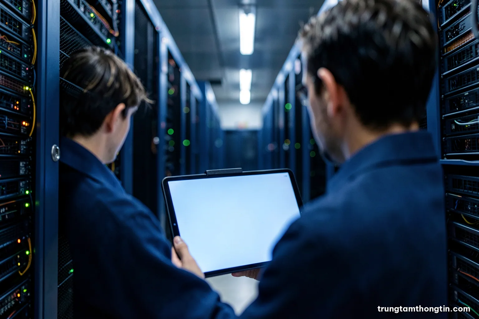 Low angle shot of server racks in a cool data center aisle with small green indicator lights, a technician seen from behind holding a tablet with a blank screen, blue palette