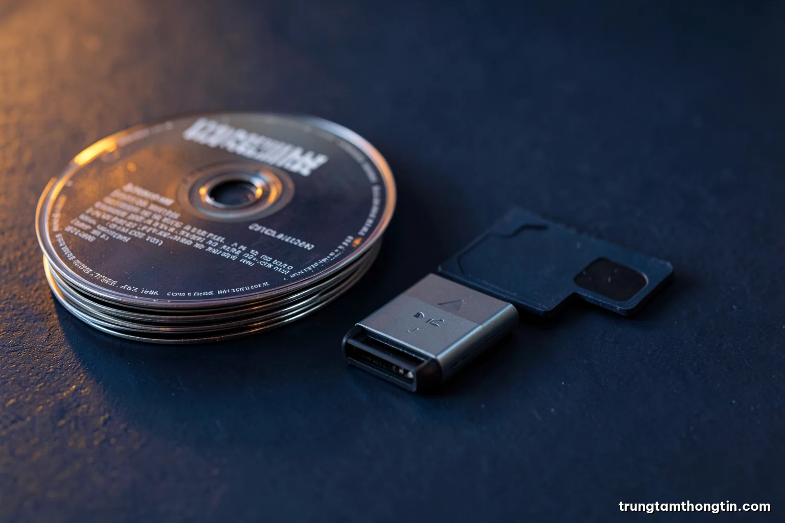 Macro shot of a stack of unlabeled optical discs beside a modern USB drive and an old floppy disk on dark slate, dramatic side lighting, amber tones