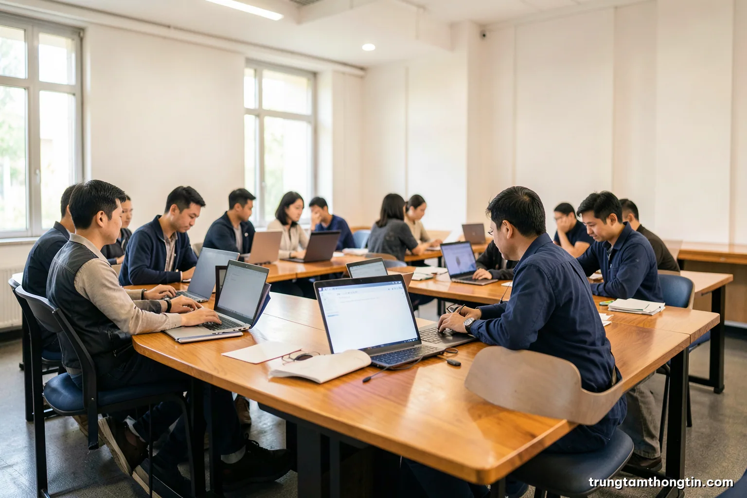 Wide shot of a bright public reading hall with long wooden tables, a few Vietnamese researchers working on laptops with blank screens, soft morning light, warm neutral palette