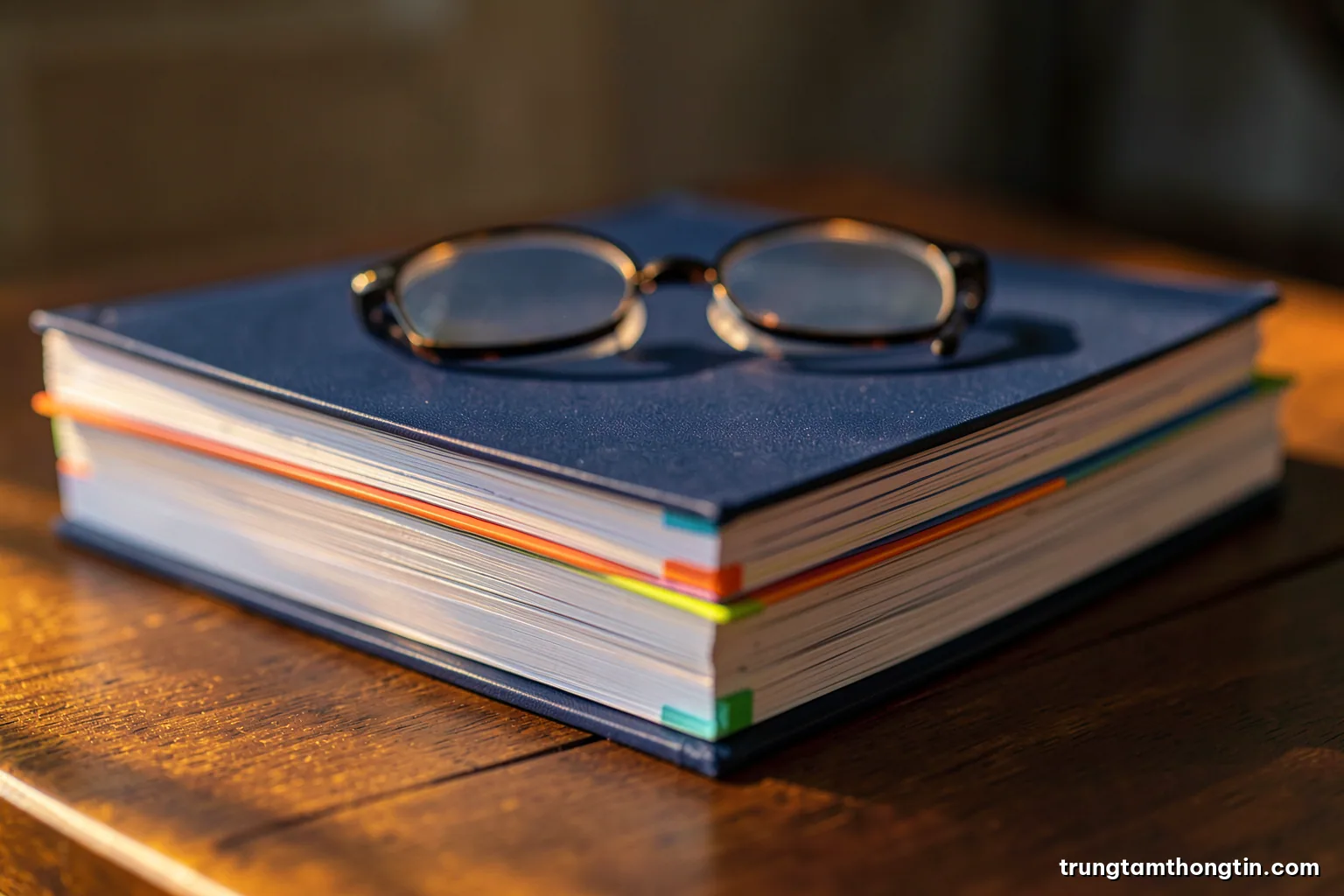 Macro shot of a thick stack of bound reports with colourful tabs on a walnut desk, reading glasses resting on top, shallow focus, late afternoon golden light
