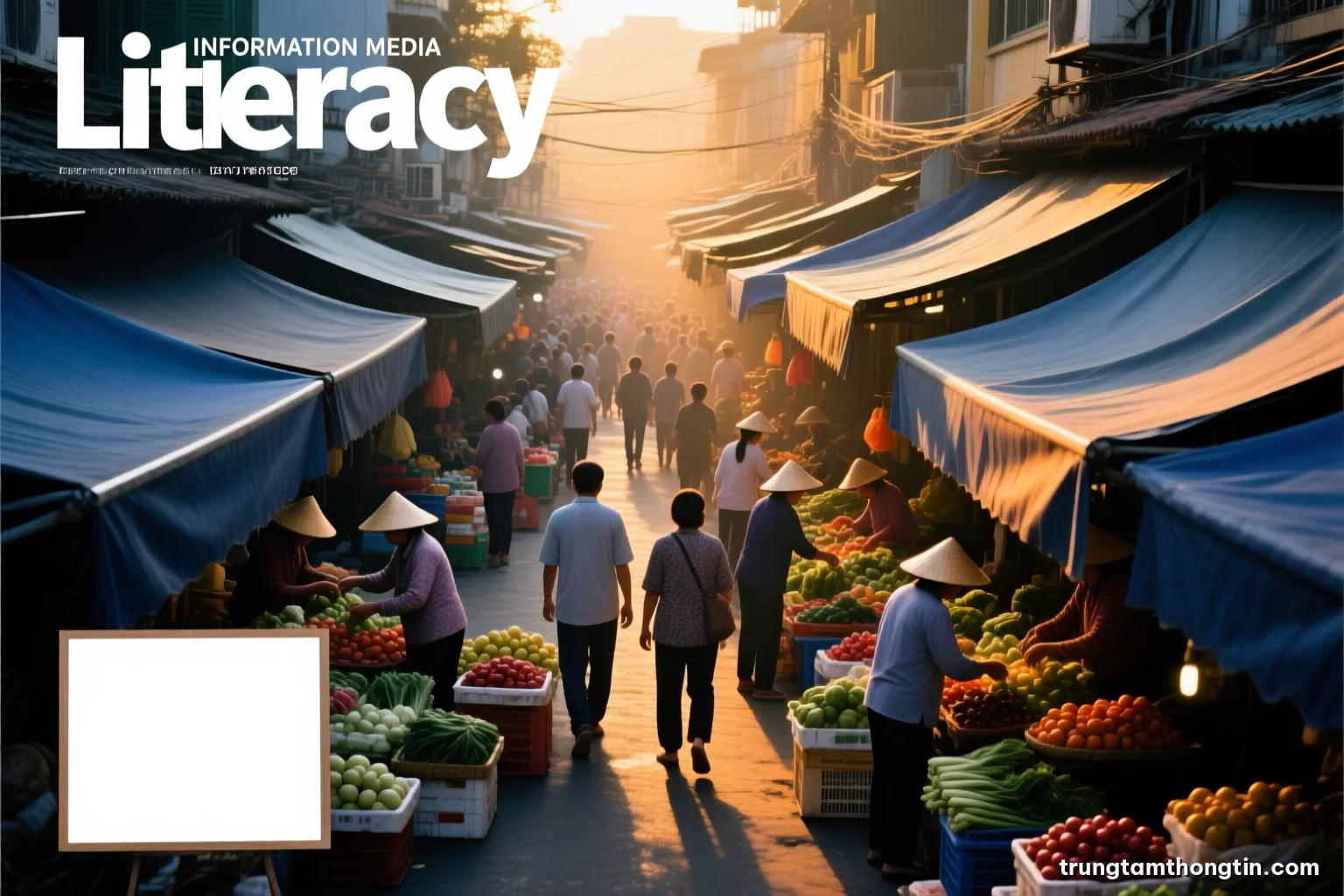 Elevated wide view of a busy Vietnamese street market at early morning with vendors arranging fresh produce under awnings, people seen from behind, warm golden light