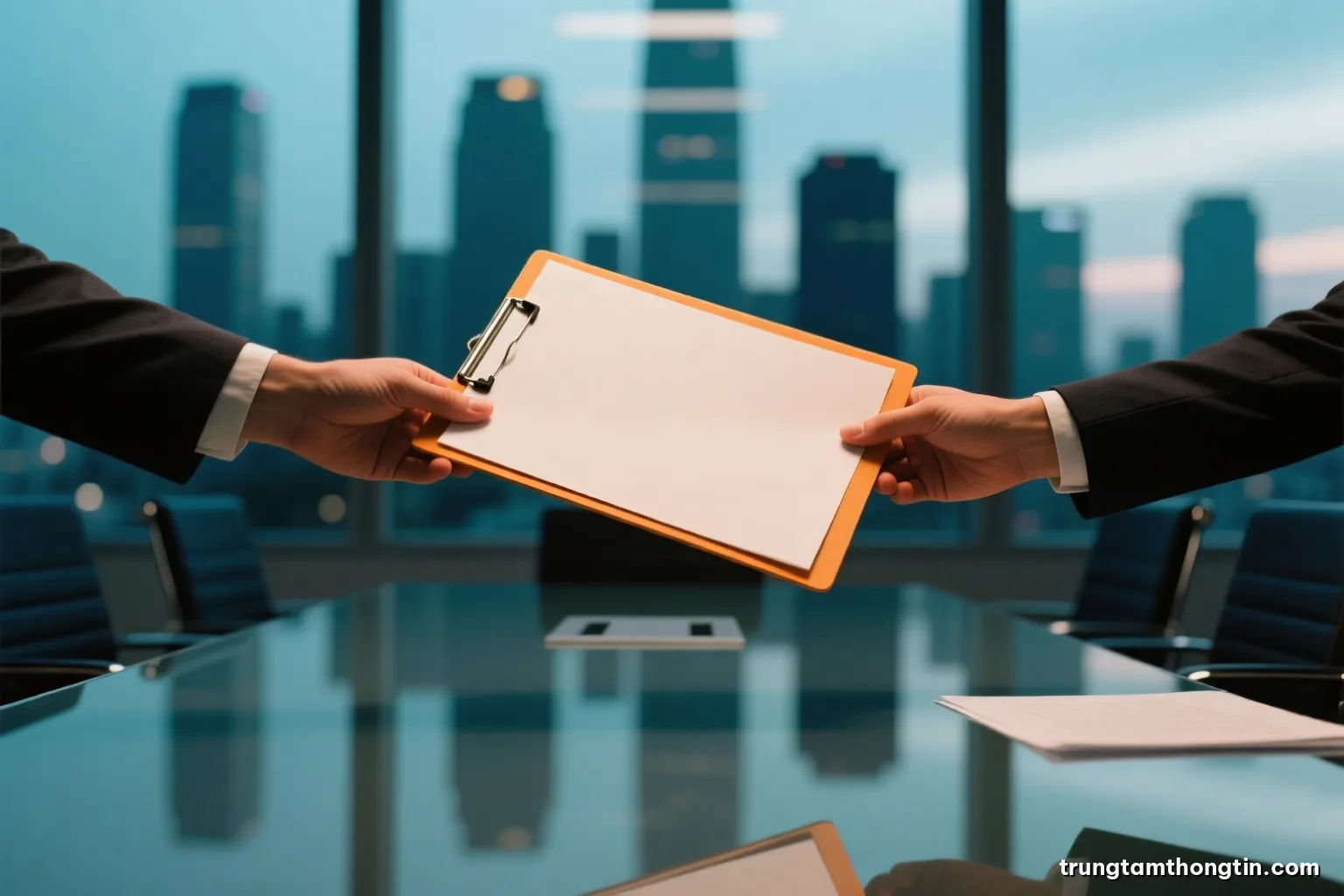 Low angle close-up of two hands exchanging a folder of blank papers across a glass meeting table, blurred city skyline behind, cool evening light, teal and graphite palette