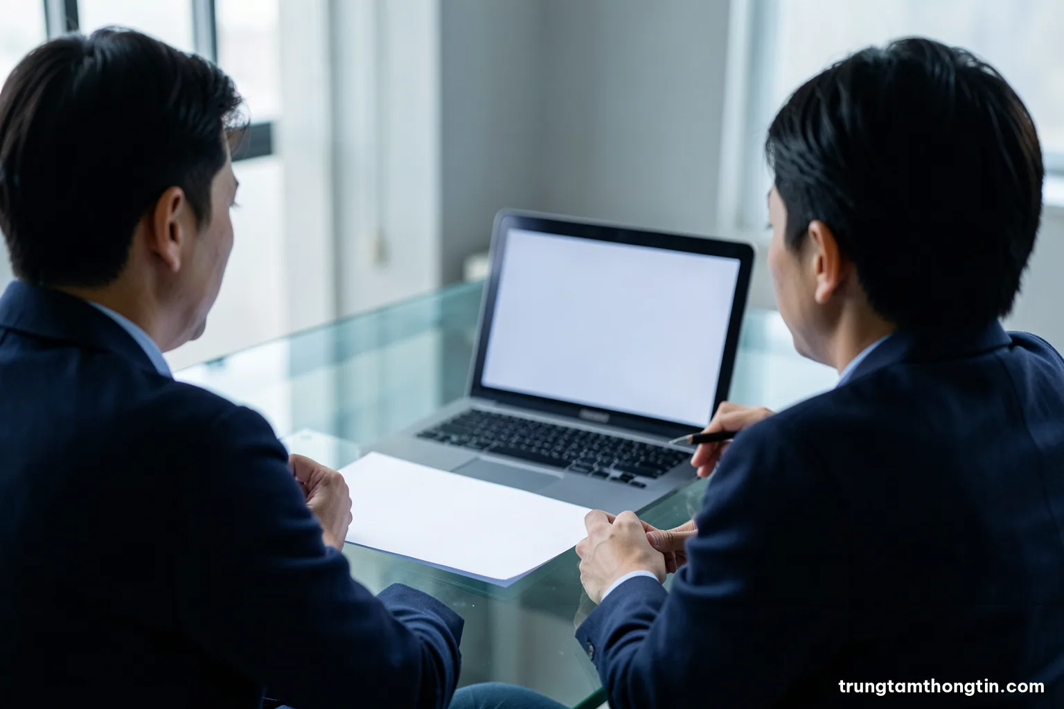 Over-the-shoulder view of two Vietnamese professionals at a glass desk reviewing blank sheets of paper beside a laptop with a blank screen, soft window light, cool grey palette