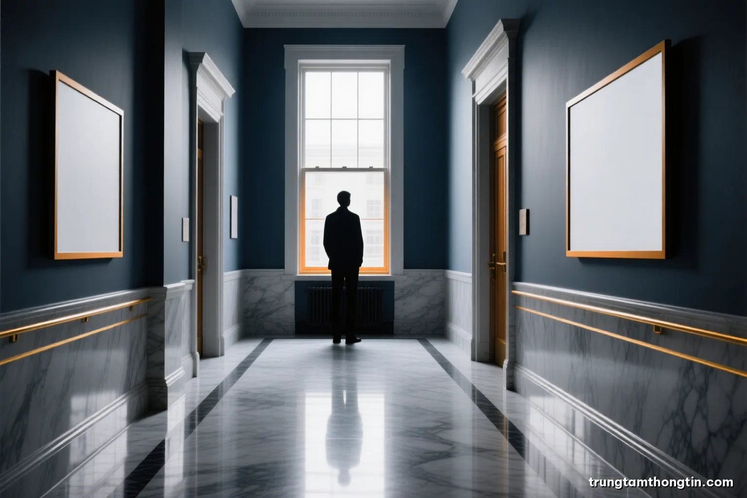Silhouette of a person standing at a tall window in a quiet courthouse corridor, marble floor reflecting cold morning light, long shadows, monochrome grey with pale gold accents