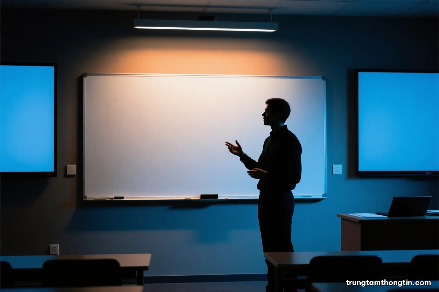 Silhouette of a person standing before a large blank whiteboard in a dim seminar room, gesturing as if explaining, single spotlight, charcoal and electric blue palette