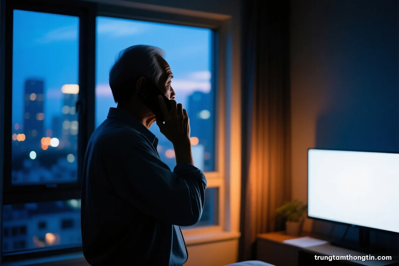 Silhouette of an older Vietnamese man holding a phone to his ear by a window in a dim apartment, city lights blurred outside, cool blue dusk tones, face not visible