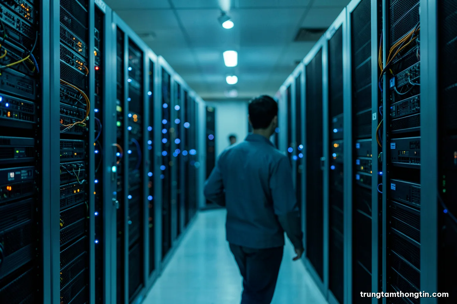Wide shot of a long aisle of server racks in a quiet data center with soft blue indicator lights, a single technician seen from behind, cool teal palette