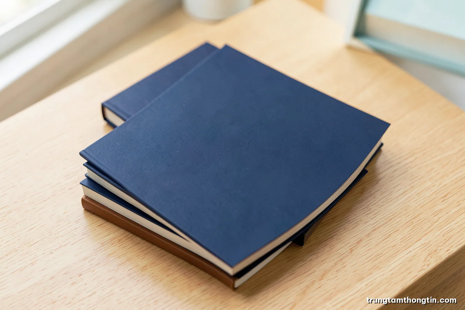 Top-down view of a neat stack of new paperback books with blank plain covers on a light oak desk, soft window daylight, cream and pale blue palette