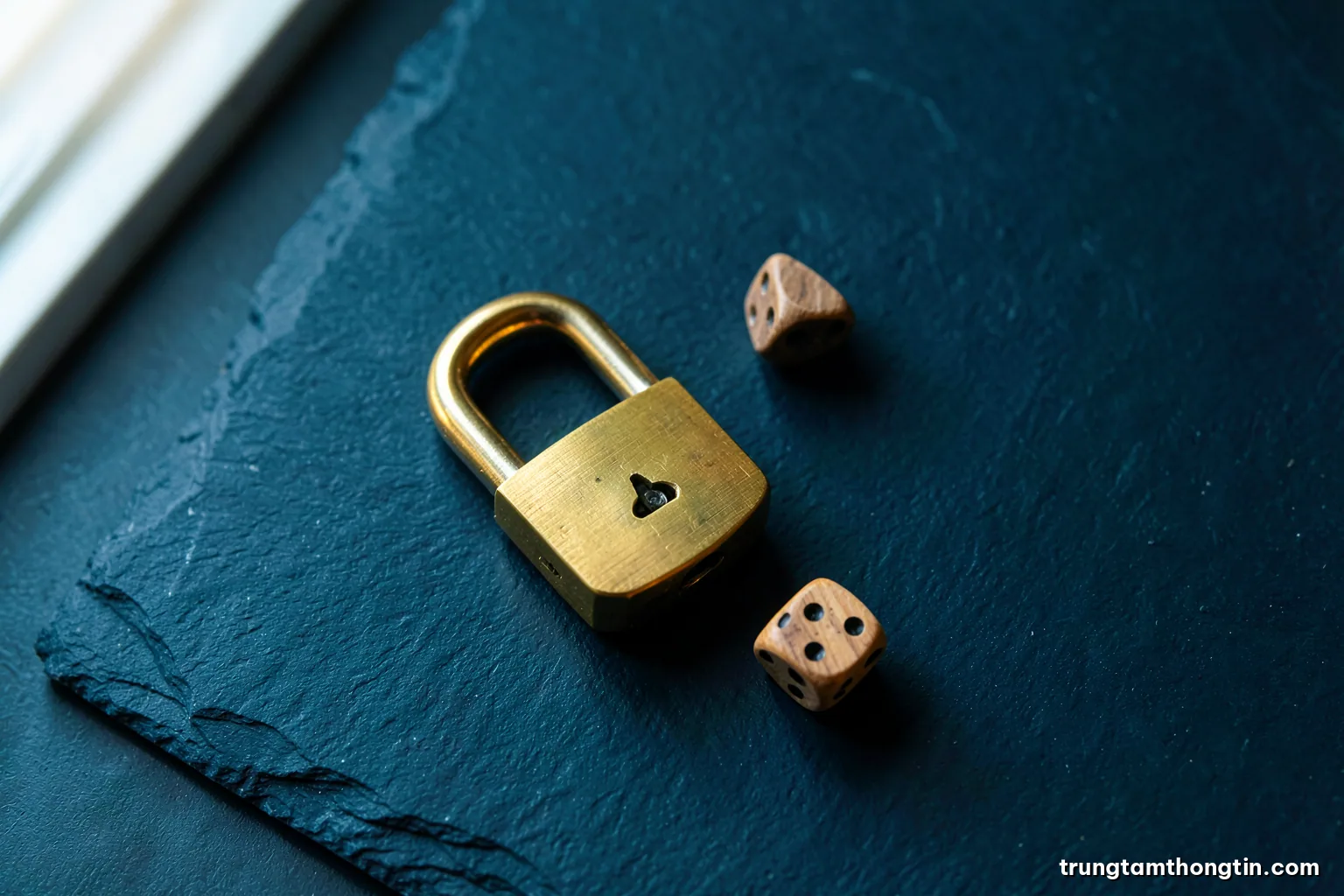 Top-down view of a brass combination padlock and a set of wooden dice scattered on a dark slate desk, soft window light from the left, muted teal and brass palette
