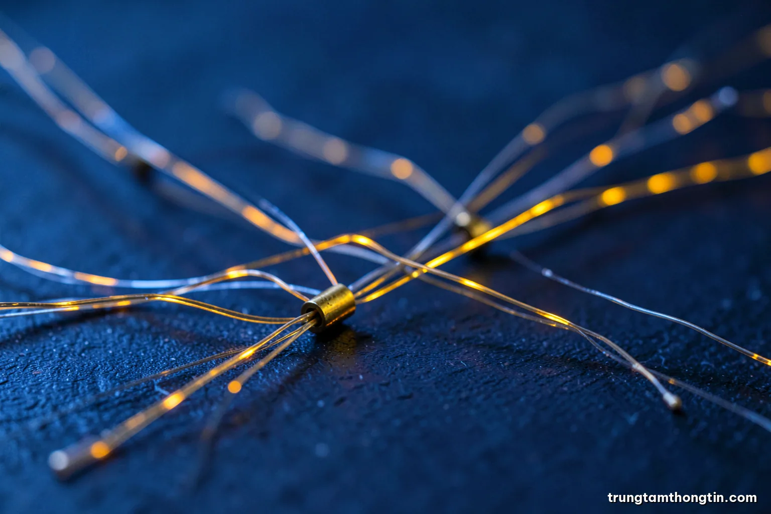 Macro photograph of glowing fiber optic strands connecting small brass nodes on a dark slate surface, shallow depth of field, deep blue and amber tones, low angle