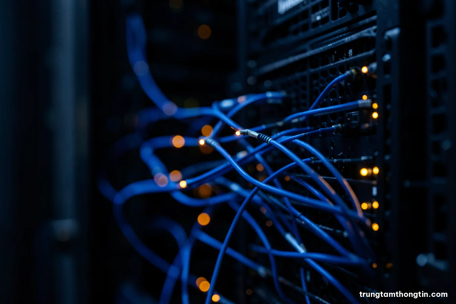 Macro photograph of a glowing server rack in a dark data centre, thin blue fibre-optic cables and tiny amber status lights, shallow depth of field, cool cinematic palette