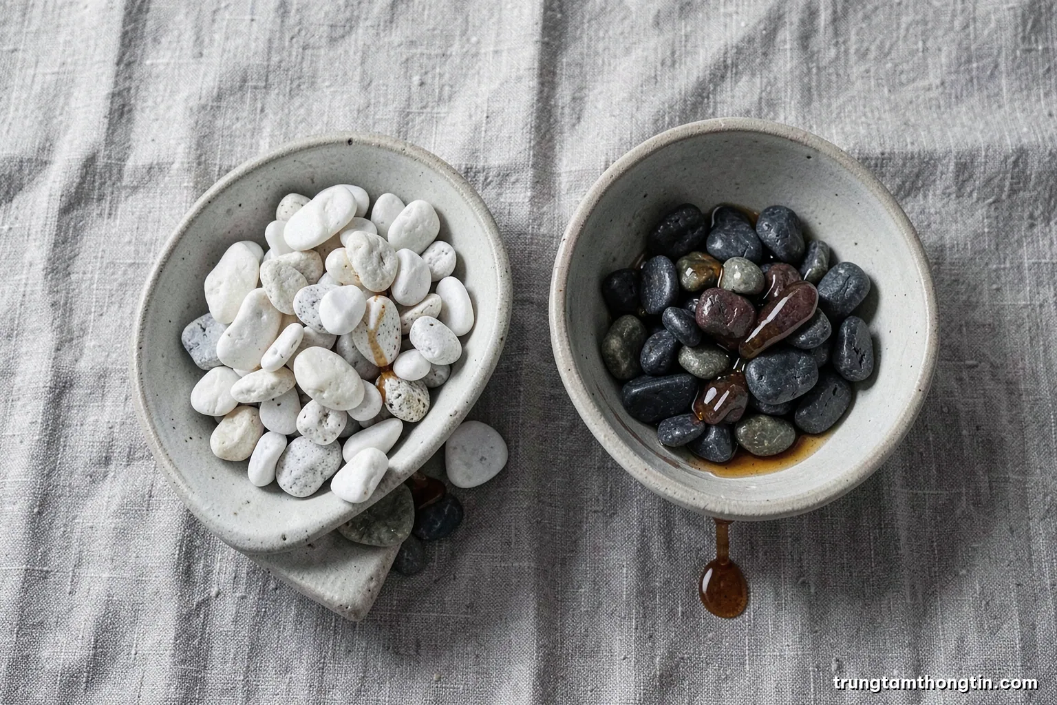 Top-down view of white and dark stones sorted into two shallow ceramic bowls and then poured together on a linen cloth, soft diffused studio light, monochrome earthy palette