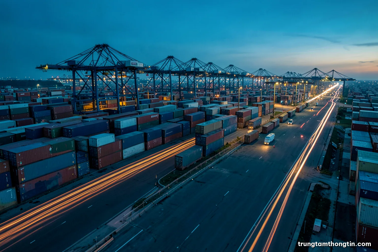 Aerial view at dusk of a busy container port with cranes and stacked containers in muted colors, long exposure light trails from trucks, cinematic teal and orange palette