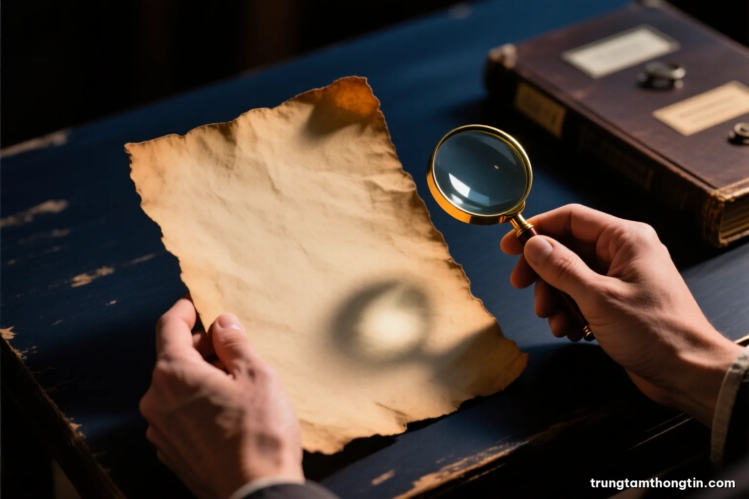 Close-up of weathered hands holding an old blank parchment beside a magnifying glass on a dark archive table, raking side light, sepia and deep brown palette