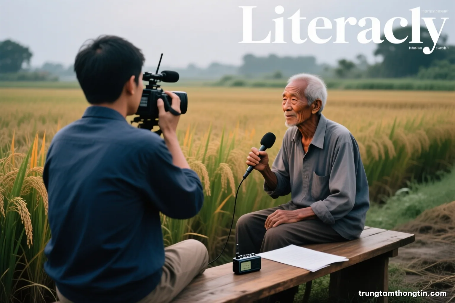 Over-the-shoulder view of a journalist interviewing an elderly farmer beside a rice field, small recorder on a wooden bench, overcast soft light, muted greens and earthy browns
