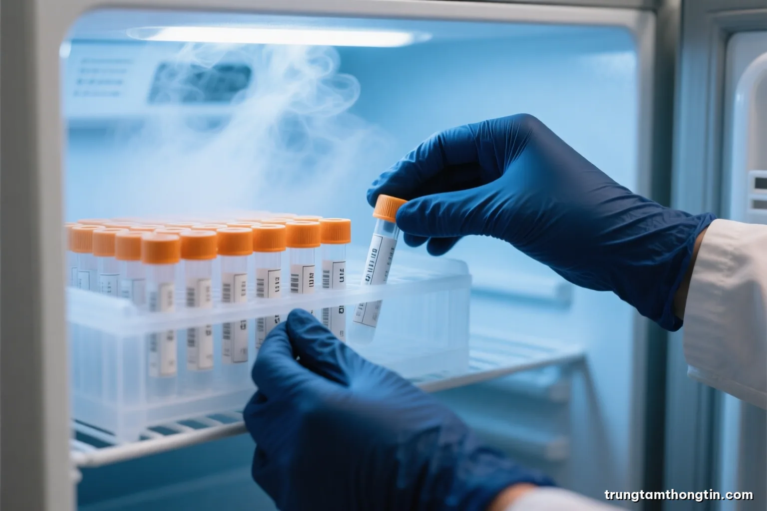 Close-up of gloved hands placing unmarked sample tubes into a frosted laboratory freezer rack, cold blue light and soft vapor, shallow depth of field, clinical white palette