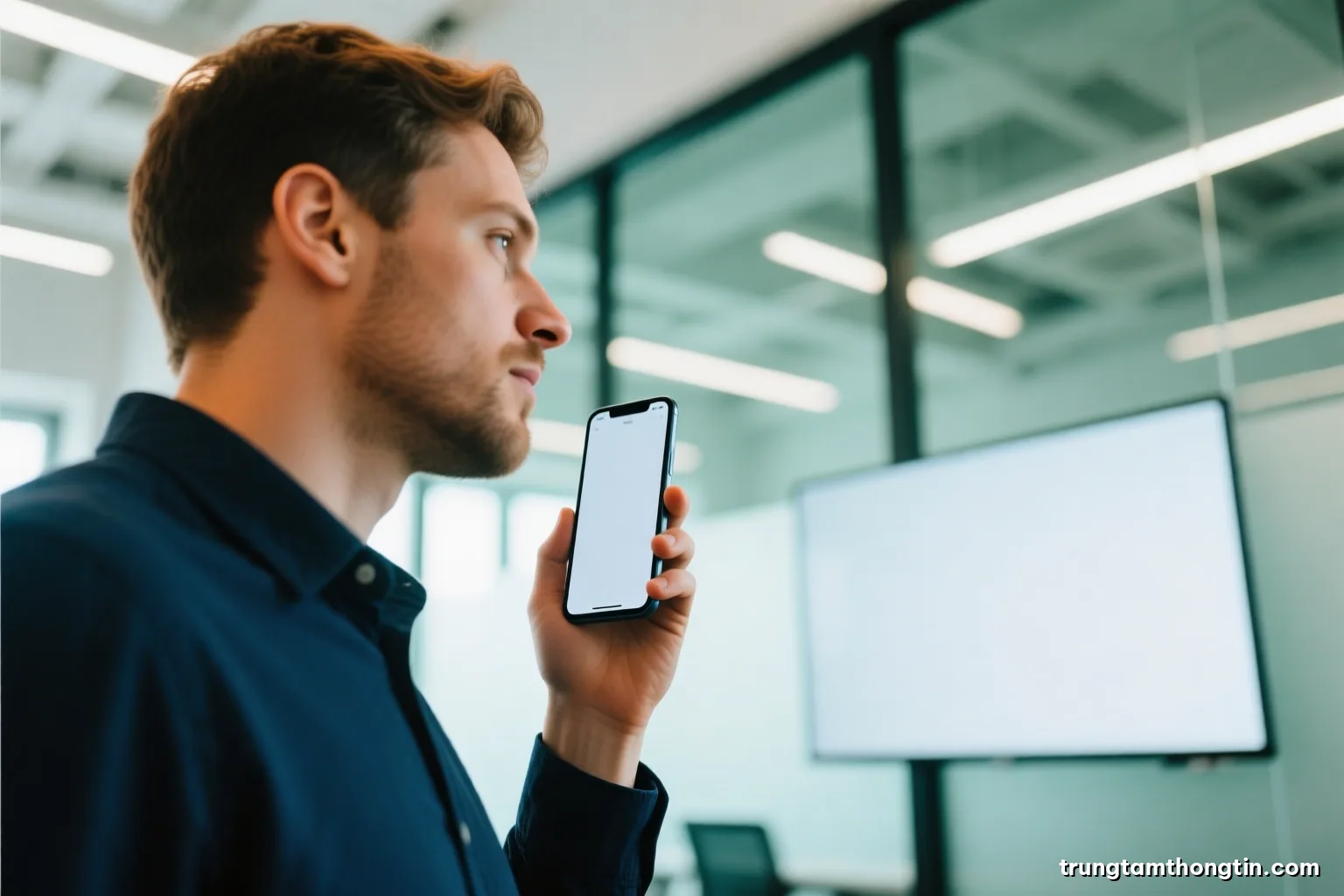 Low angle shot of a person holding a smartphone near their face in a bright modern co-working space, face out of focus, glass walls, soft daylight, white and sage green palette