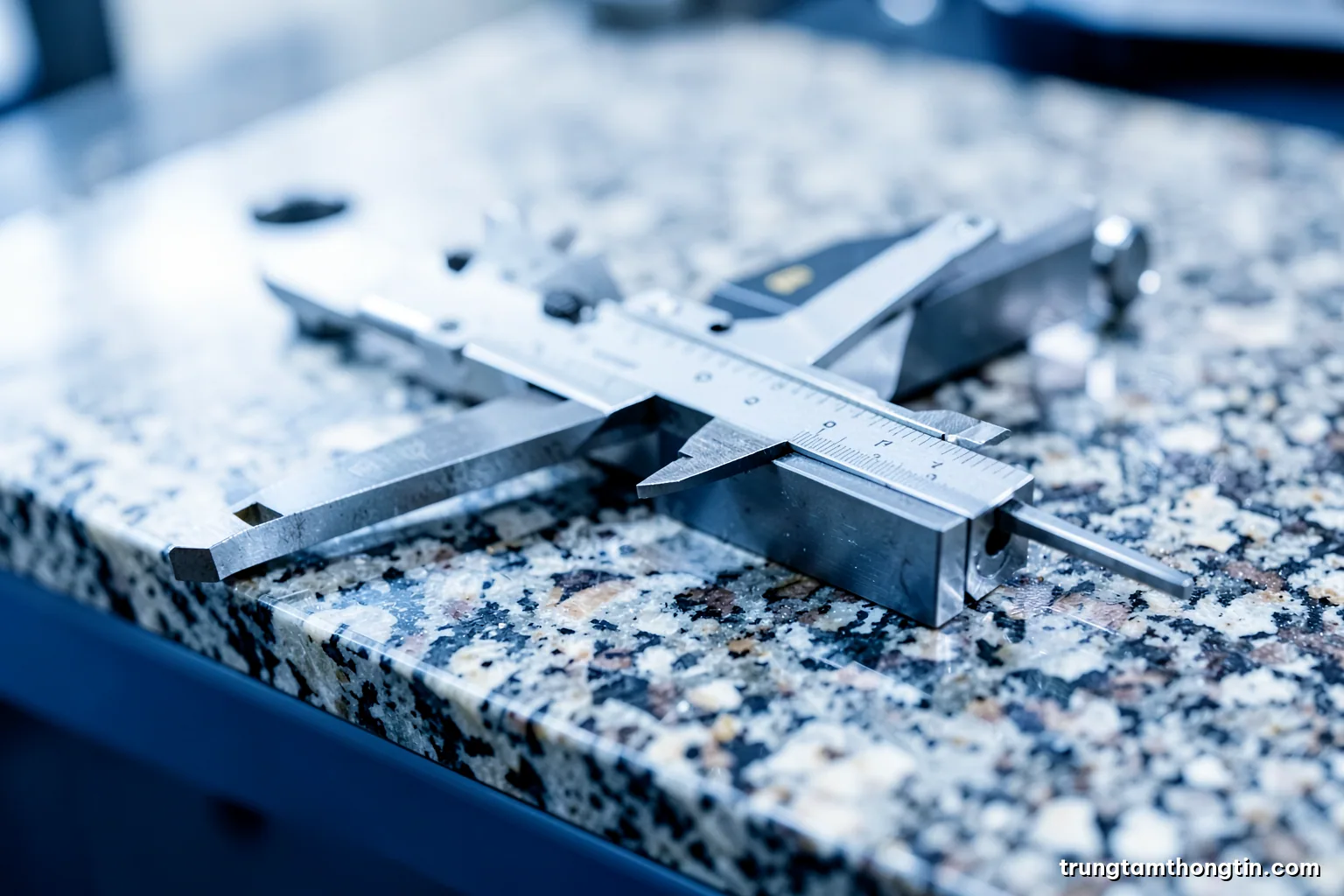 Macro photograph of precision calipers and gauge blocks resting on a granite measuring table in a quality lab, crisp white light, steel grey and cool blue palette