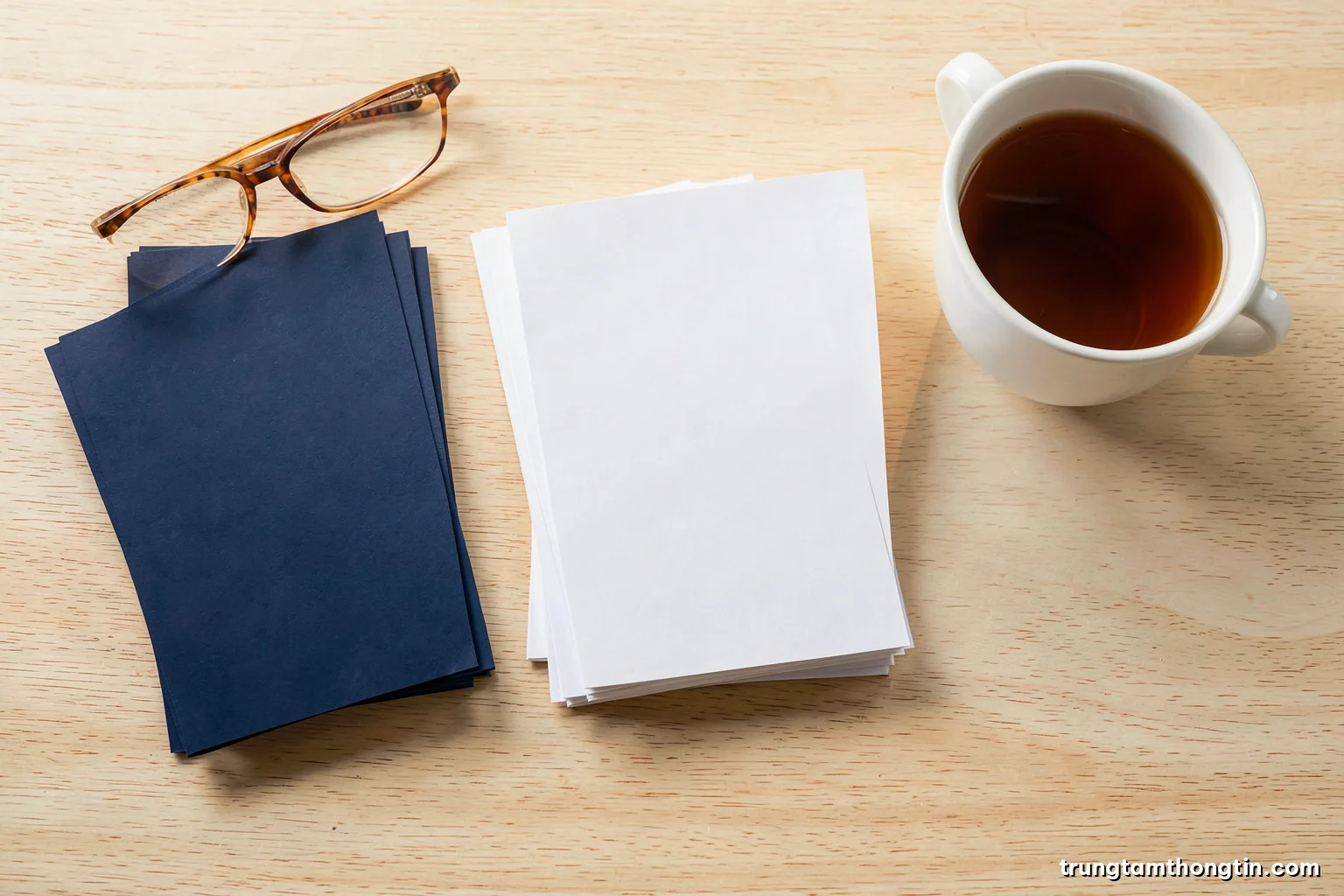 Overhead shot of three neat stacks of blank paper on a light oak desk with a pair of reading glasses and a cup of tea, morning side light, clean minimal cream palette