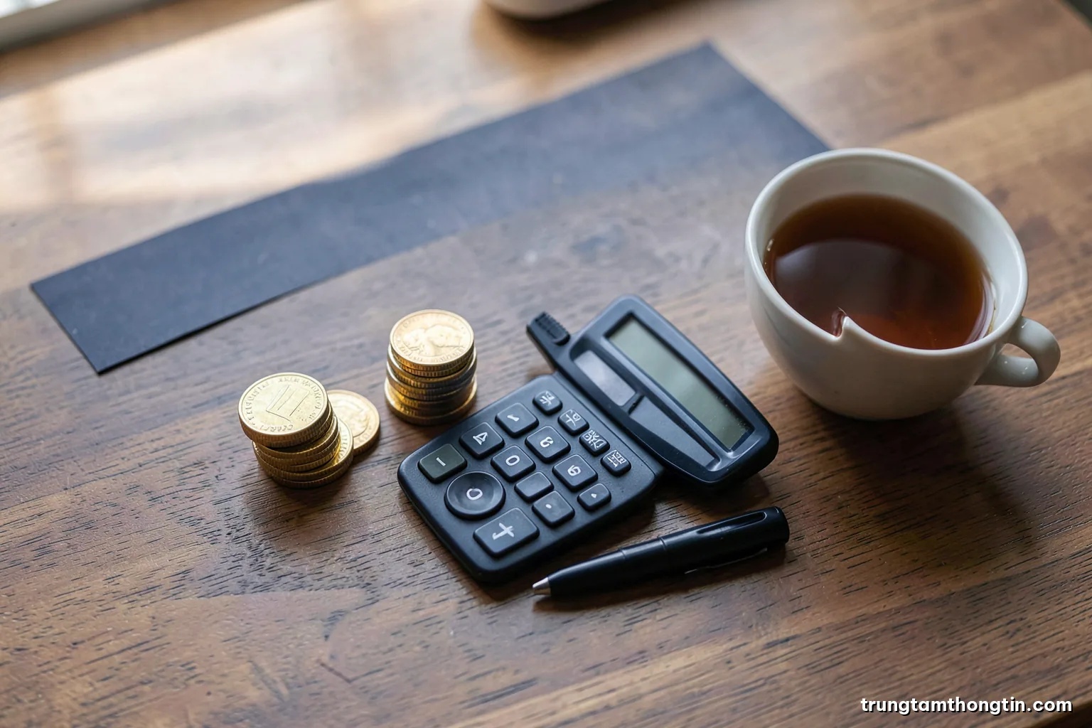 Overhead view of a wooden desk with two stacks of coins of unequal height, a calculator with a blank display and a cup of tea, soft morning window light, warm neutral palette