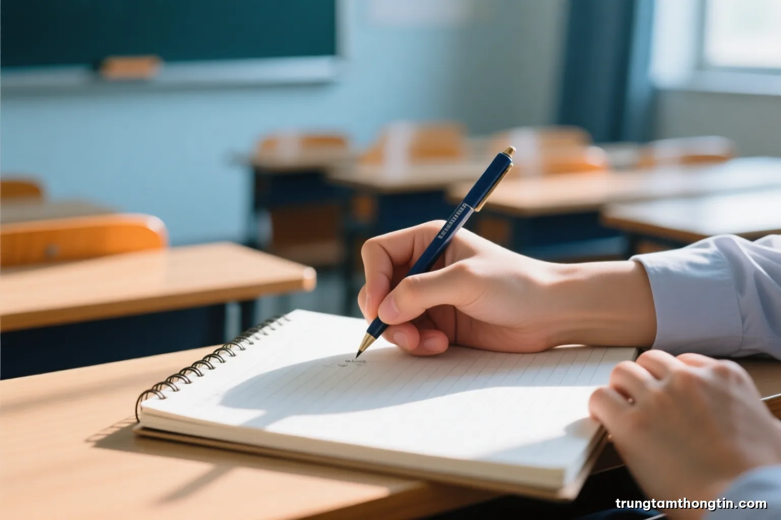Close-up of a Vietnamese university student hand writing in a blank ruled notebook in a sunlit lecture hall, shallow depth of field, soft cream and pale blue tones