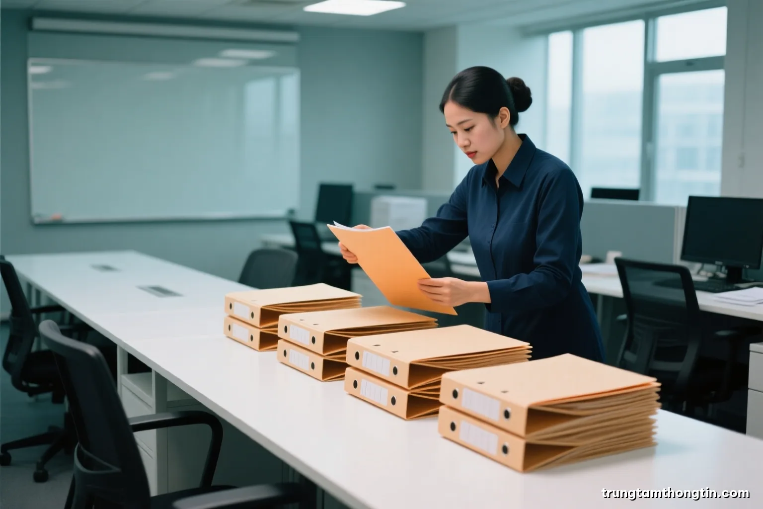 Over-the-shoulder view of a Vietnamese office worker sorting four stacks of blank manila folders on a long white desk, overcast daylight, muted teal and sand palette