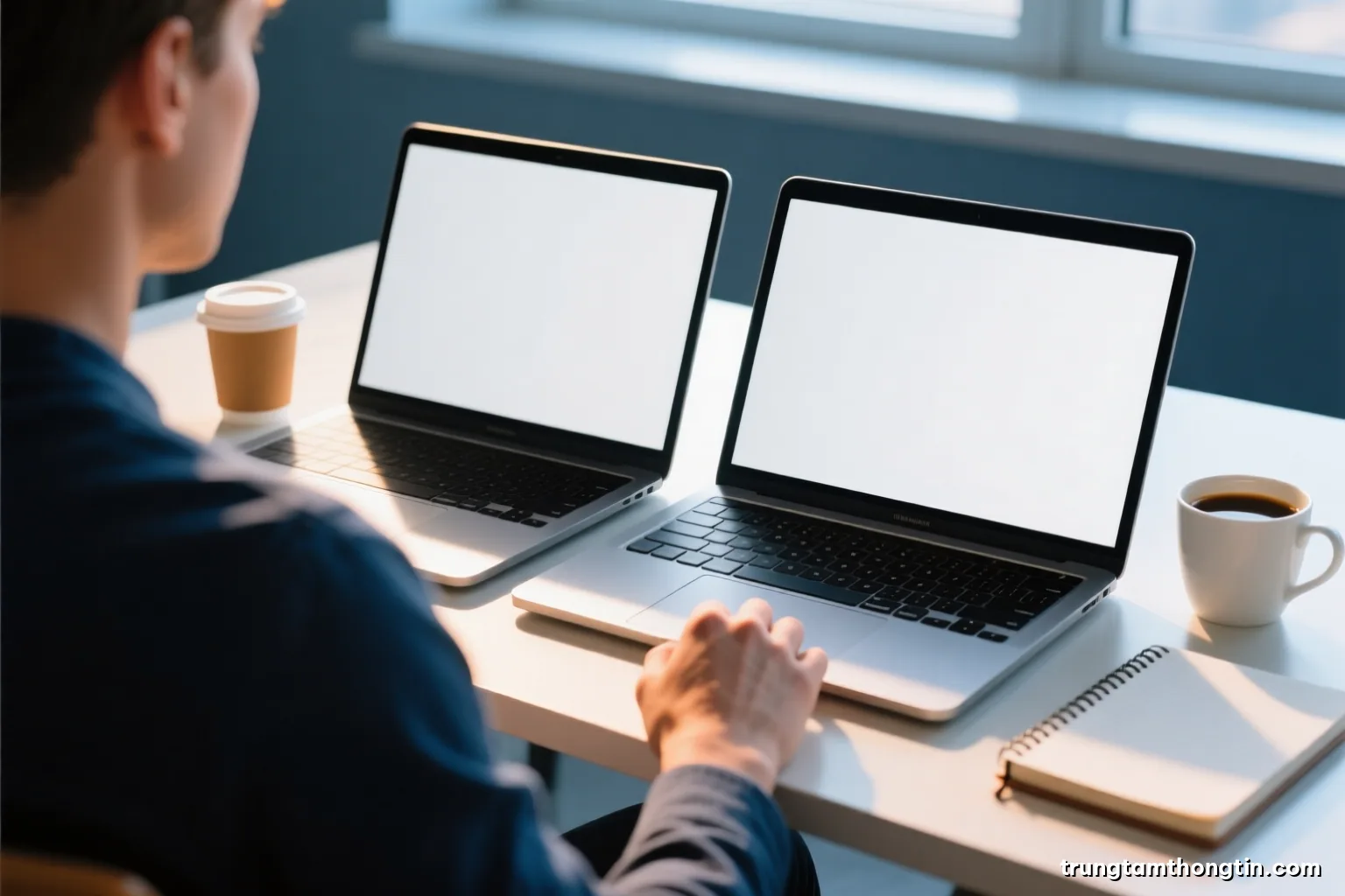 Over-the-shoulder view of a person at a bright desk with two laptops side by side, both displays blank and glowing, coffee cup and notebook, cool morning light