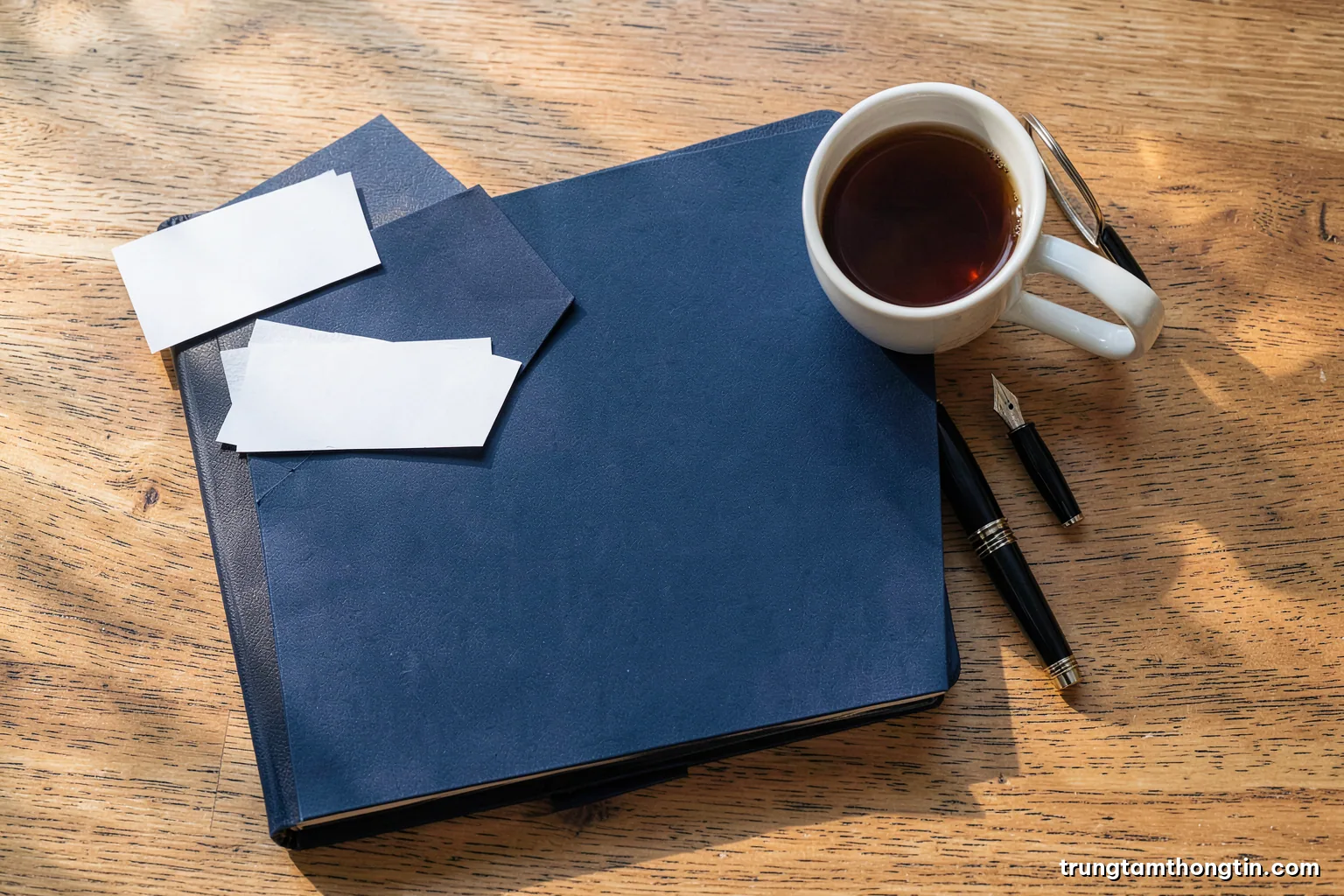 Top-down view of a tidy oak desk with blank index cards, a closed notebook, a fountain pen and a cup of tea, soft morning window light, warm beige and navy palette
