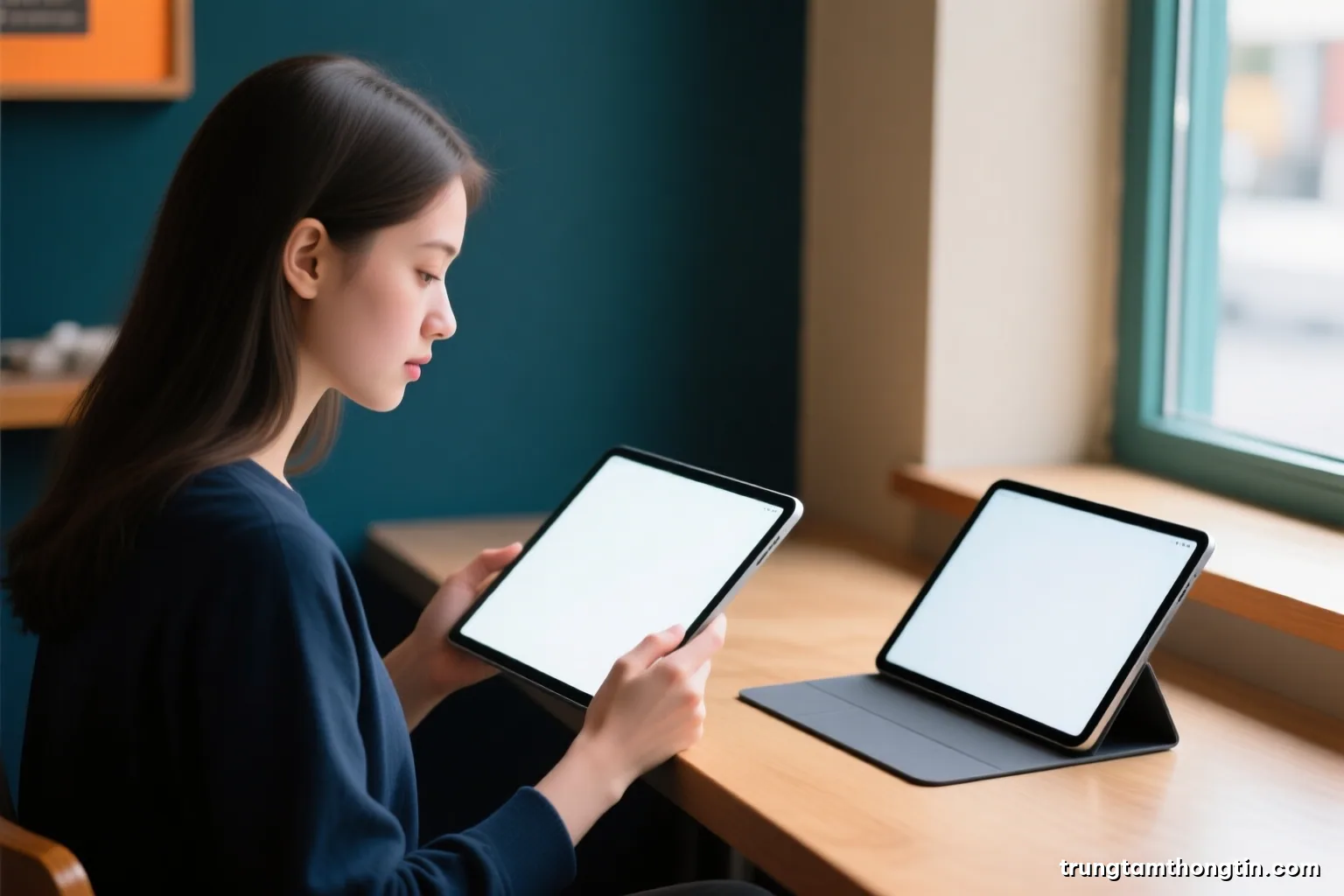 Side view of a young woman reading on a tablet with a blank glowing surface in a quiet cafe, a second identical tablet face down beside her, soft window light, beige and teal