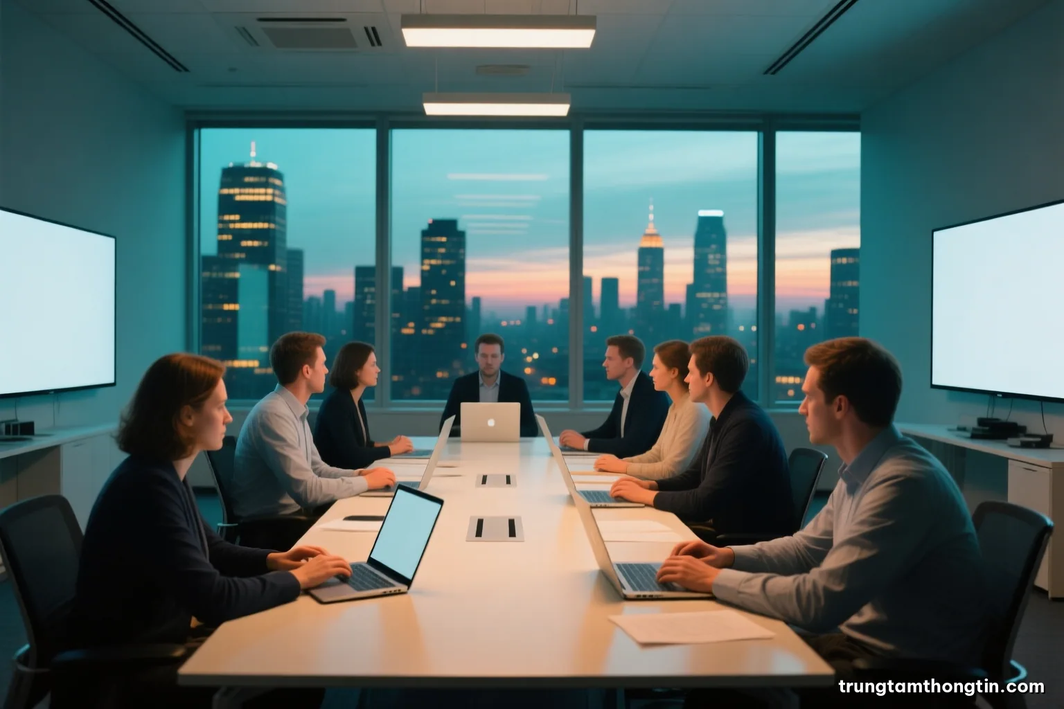 Wide shot of a bright open-plan newsroom at dusk, editors gathered around a long table with blank laptops, city lights through tall windows, faces turned away, soft teal tones