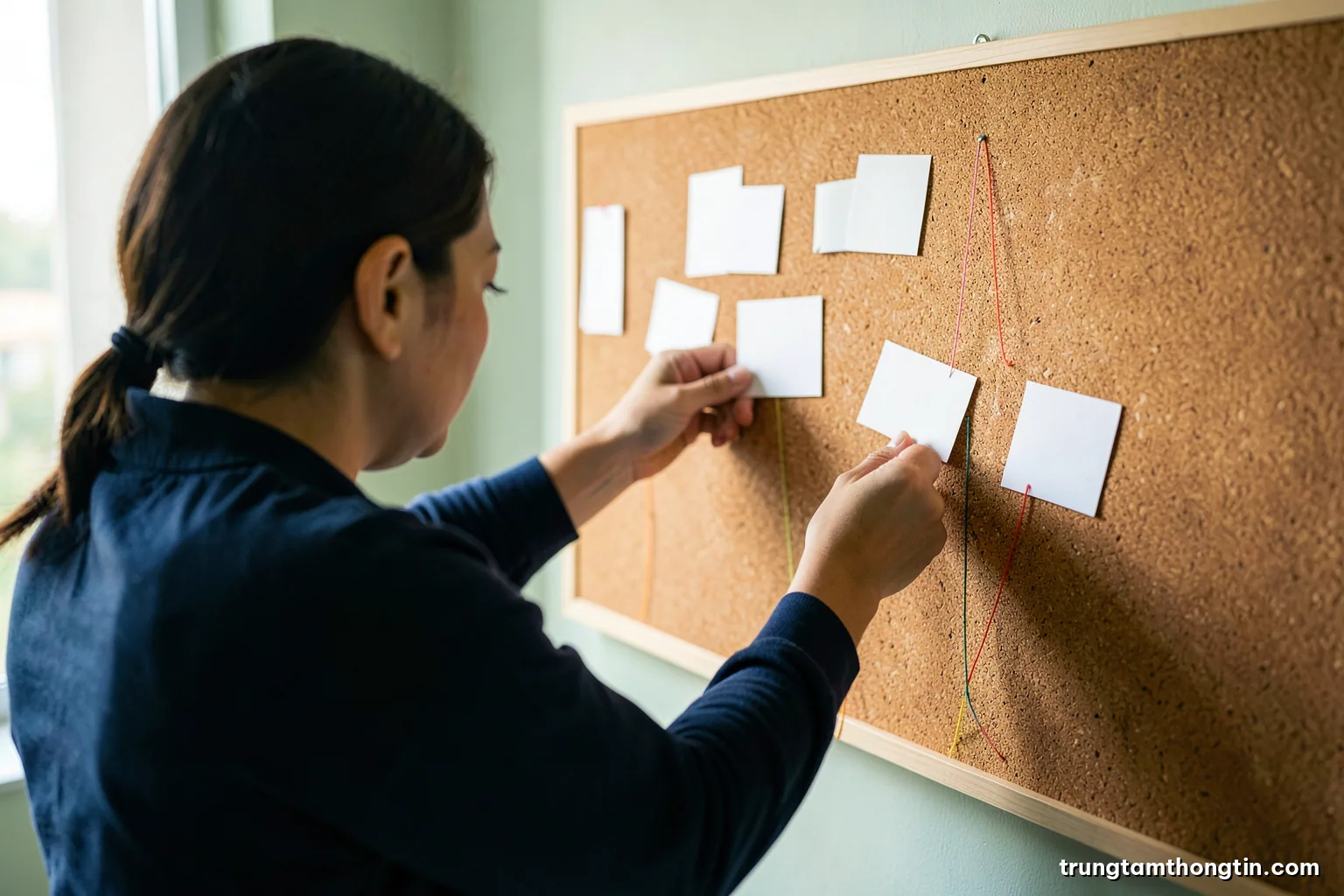 Over-the-shoulder shot of a Vietnamese researcher arranging blank index cards and colored threads on a large corkboard, morning light from the left, muted green and ivory tones