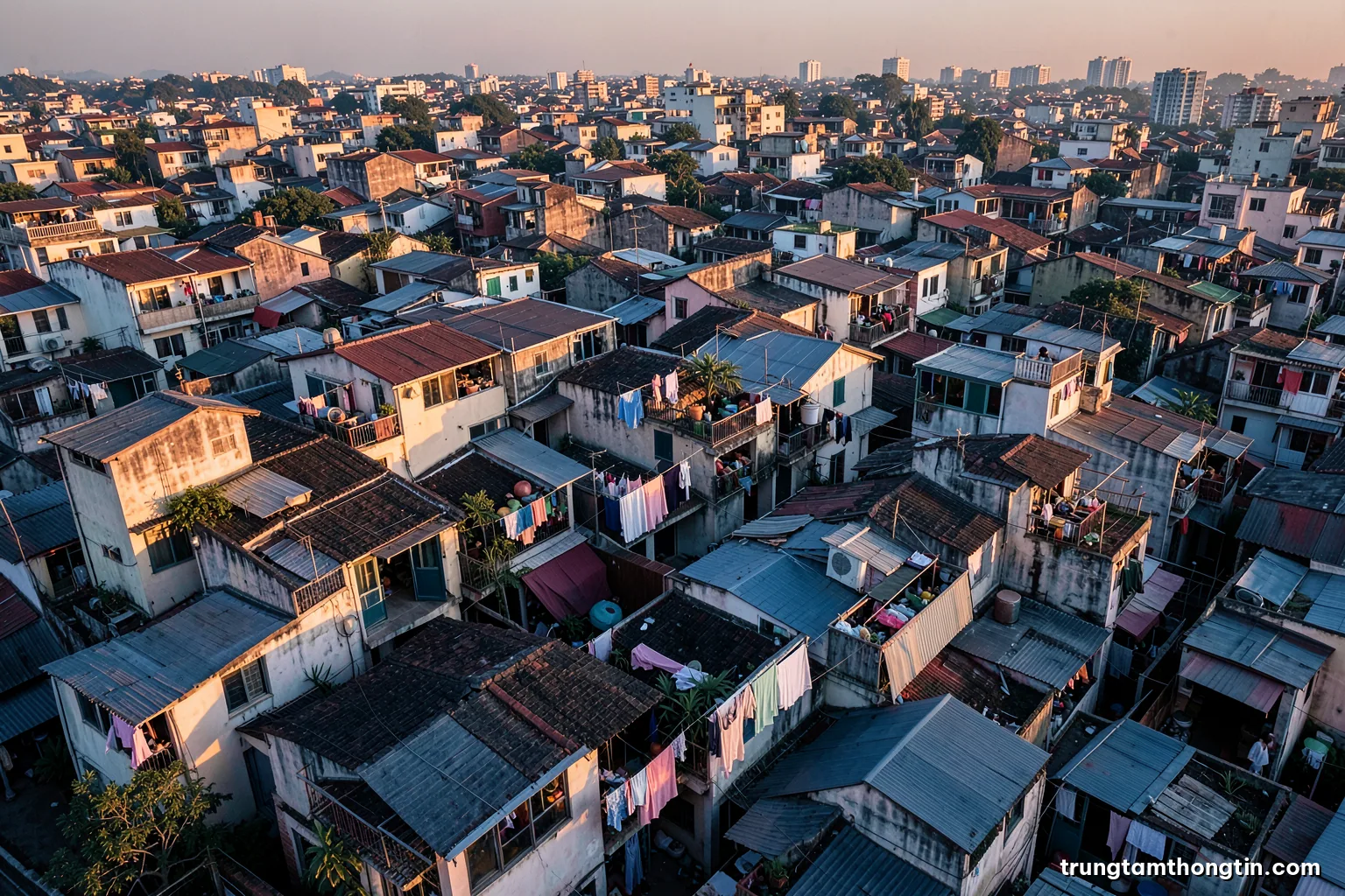 Aerial view of a dense Hanoi residential neighborhood at golden hour, tiny rooftops and balconies with laundry, long shadows, warm orange and dusty rose palette